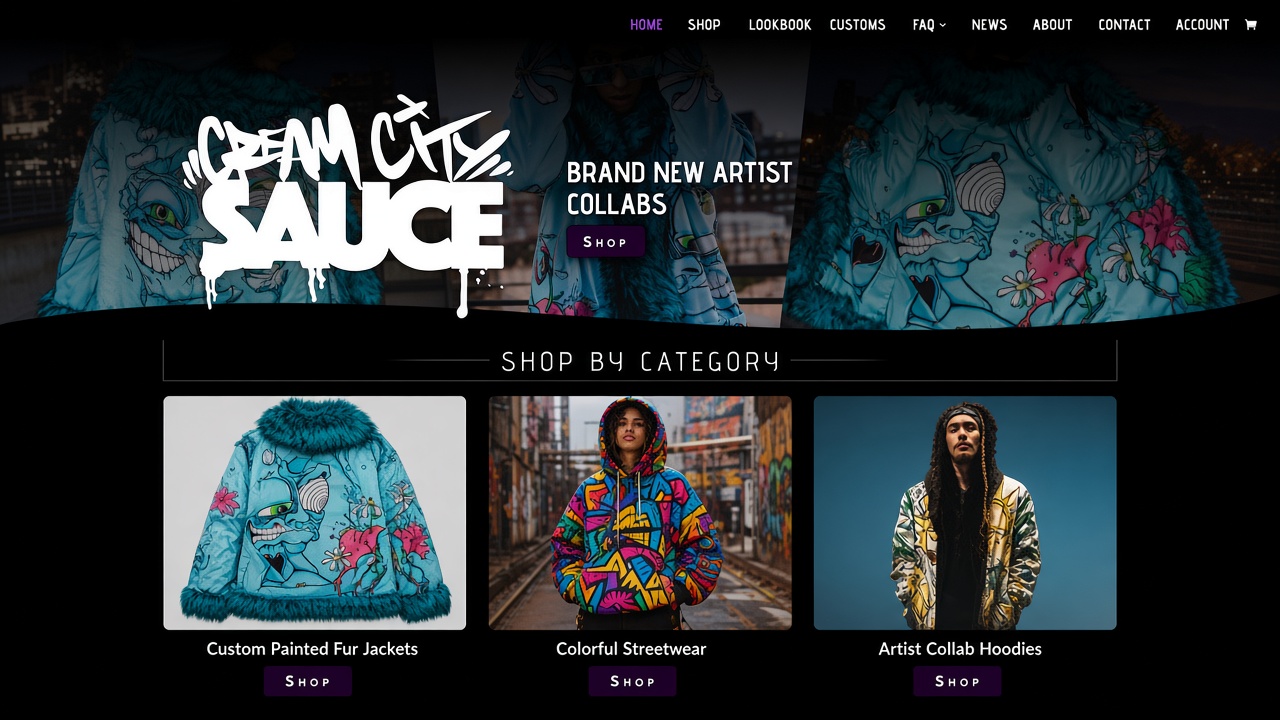 Cream City Sauce shop layout with streetwear product cards