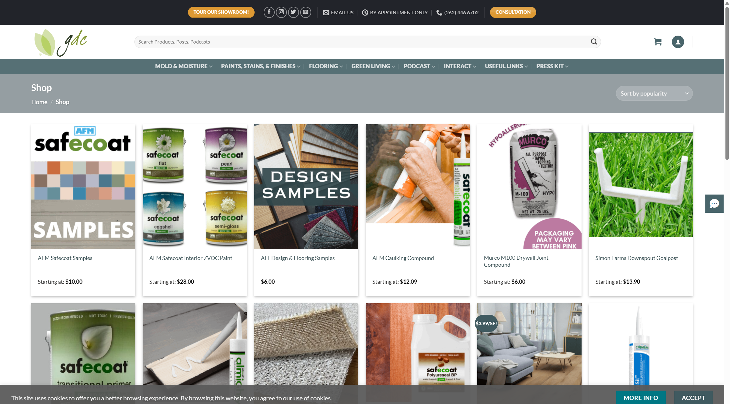 Green Design Center shop grid with paints, samples, and flooring products