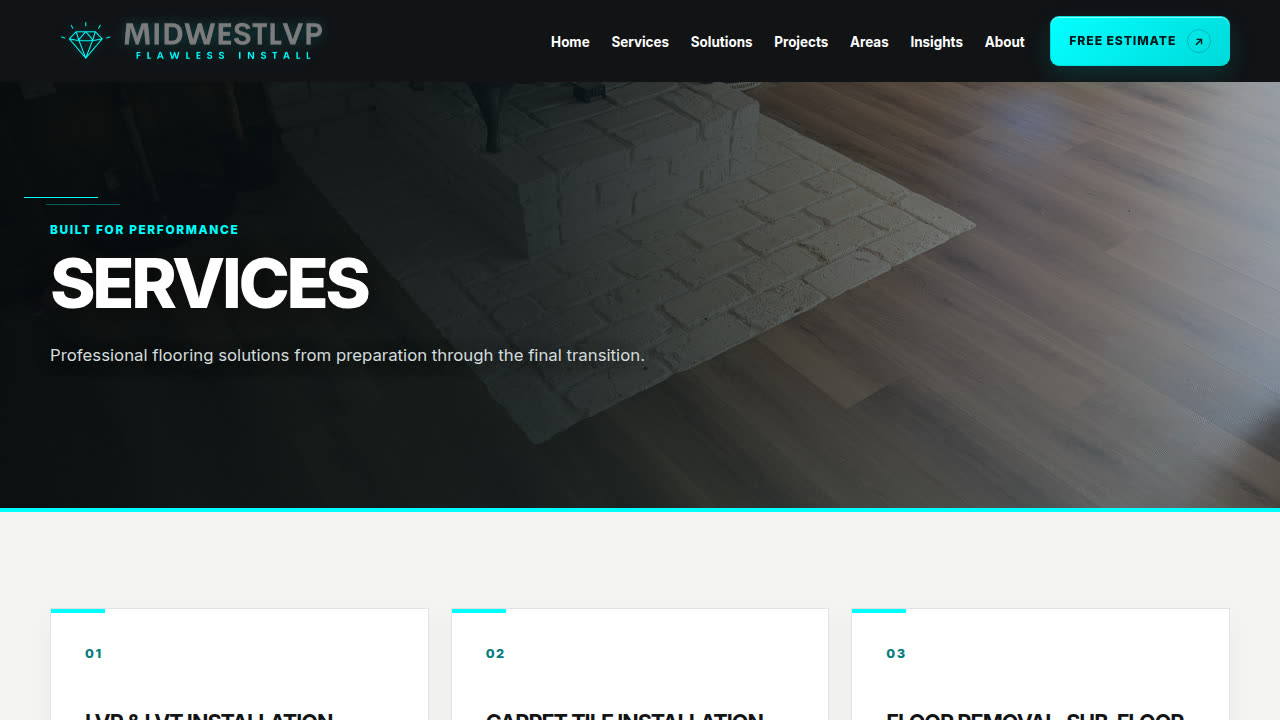 Midwest LVP services page with flooring service cards